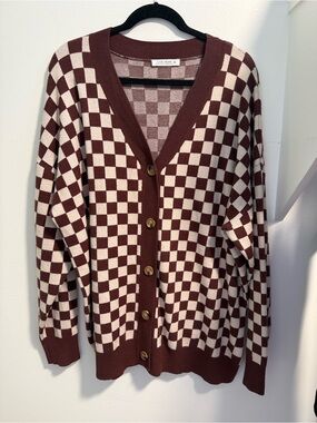 12th Tribe Brown and Cream Checkerboard Knit Cardigan